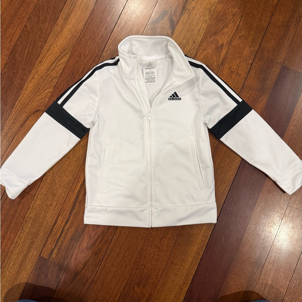 Adidas White Zip-Up Track Jacket with Black Stripes Sz 5